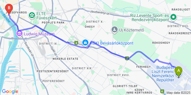 Map: Budapest Airport (BUD), Ferihegy, Liszt Ferenc to Central Market Hall Zen Hostel