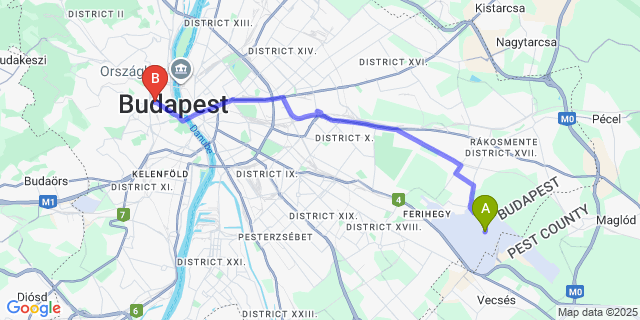 Map: Budapest Airport (BUD), Ferihegy, Liszt Ferenc to Christina Residence