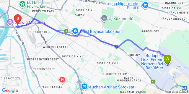Map: Budapest Airport (BUD), Ferihegy, Liszt Ferenc to City Home Budapest