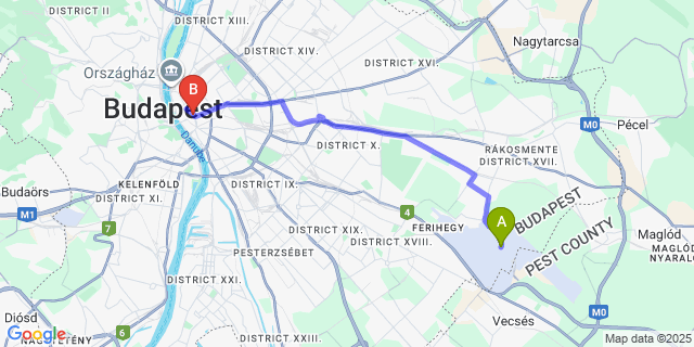 Map: Budapest Airport (BUD), Ferihegy, Liszt Ferenc to City Hotel Budapest