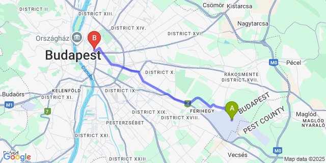 Map: Budapest Airport (BUD), Ferihegy, Liszt Ferenc to City Hotel Unio Superior
