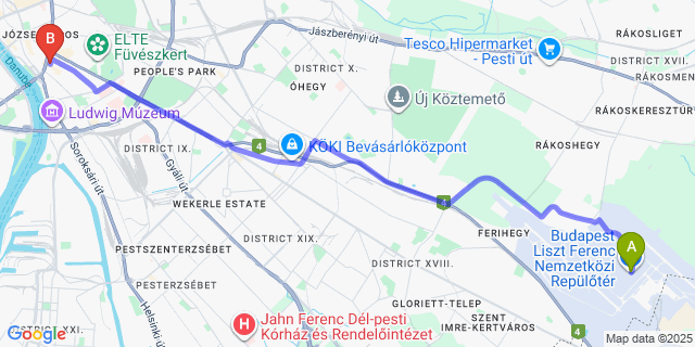 Map: Budapest Airport (BUD), Ferihegy, Liszt Ferenc to Corvin Hotel Budapest - Sissi wing