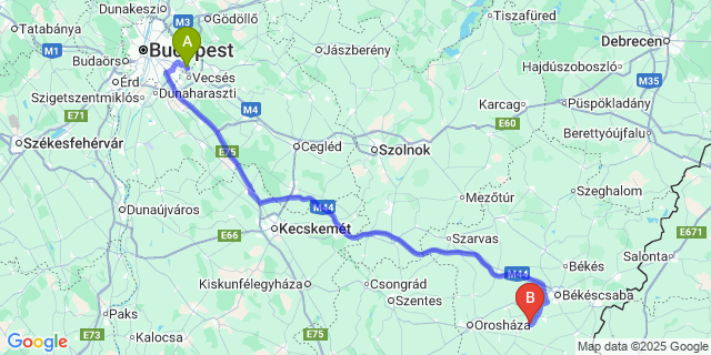 Map: Budapest Airport (BUD), Ferihegy, Liszt Ferenc to Csabaszabadi