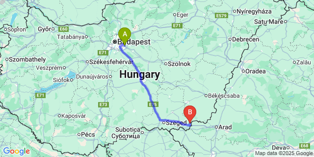 Map: Budapest Airport (BUD), Ferihegy, Liszt Ferenc to Csanádpalota