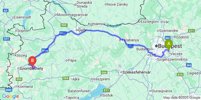 Map: Budapest Airport (BUD), Ferihegy, Liszt Ferenc to Csénye