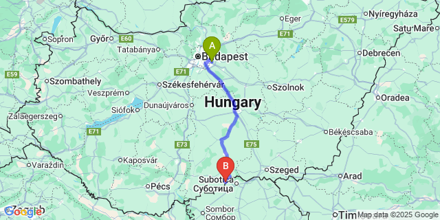 Map: Budapest Airport (BUD), Ferihegy, Liszt Ferenc to Csikéria