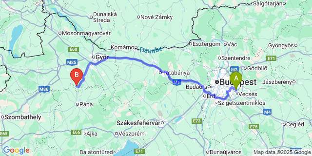Map: Budapest Airport (BUD), Ferihegy, Liszt Ferenc to Csikvánd