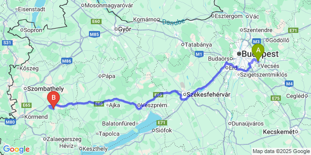 Map: Budapest Airport (BUD), Ferihegy, Liszt Ferenc to Csipkerek