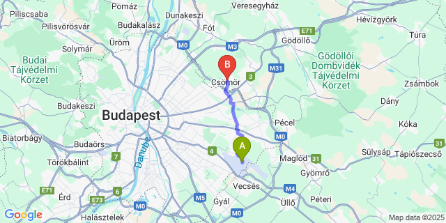 Map: Budapest Airport (BUD), Ferihegy, Liszt Ferenc to Csömör