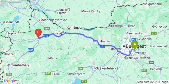 Map: Budapest Airport (BUD), Ferihegy, Liszt Ferenc to Csorna