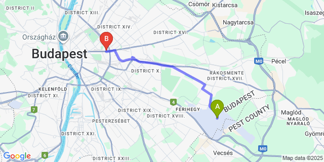 Map: Budapest Airport (BUD), Ferihegy, Liszt Ferenc to Danubius Hotel Arena