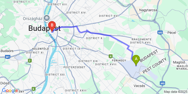 Map: Budapest Airport (BUD), Ferihegy, Liszt Ferenc to Danubius Hotel Erzs?bet City Center