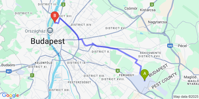 Map: Budapest Airport (BUD), Ferihegy, Liszt Ferenc to Danubius Hotel Helia