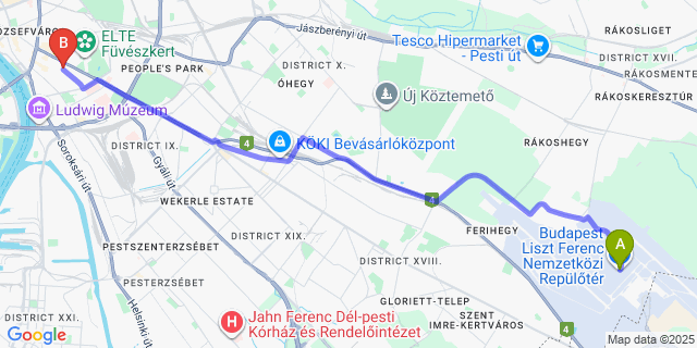 Map: Budapest Airport (BUD), Ferihegy, Liszt Ferenc to Dean’s Home Budapest