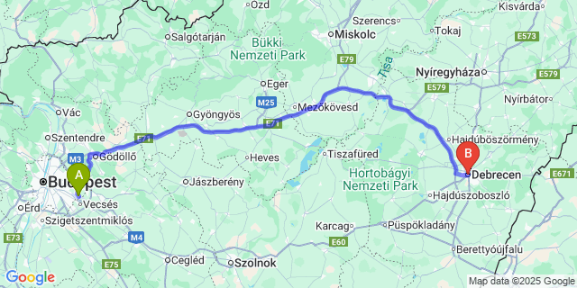 Map: Budapest Airport (BUD), Ferihegy, Liszt Ferenc to Debrecen