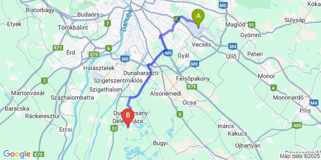 Map: Budapest Airport (BUD), Ferihegy, Liszt Ferenc to Délegyháza