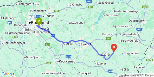 Map: Budapest Airport (BUD), Ferihegy, Liszt Ferenc to Dévaványa