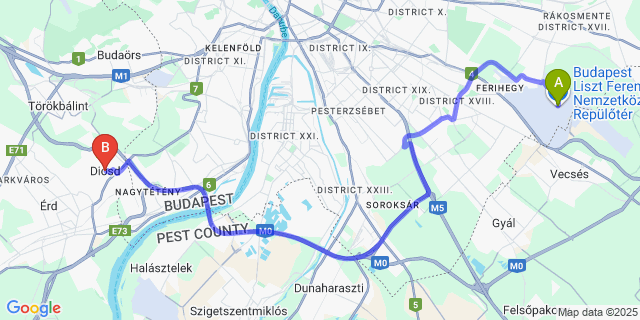 Map: Budapest Airport (BUD), Ferihegy, Liszt Ferenc to Diósd