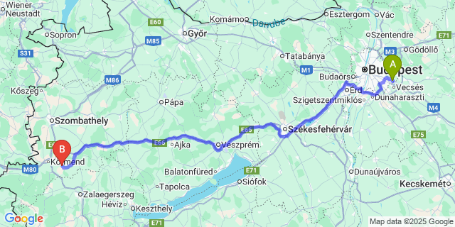 Map: Budapest Airport (BUD), Ferihegy, Liszt Ferenc to Döbörhegy