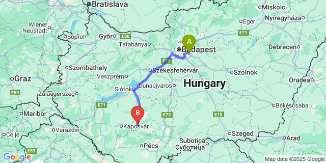 Map: Budapest Airport (BUD), Ferihegy, Liszt Ferenc to Dombóvár