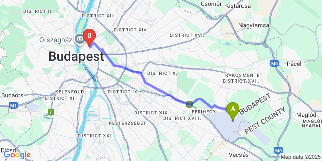 Map: Budapest Airport (BUD), Ferihegy, Liszt Ferenc to DORMERO Hotel Budapest