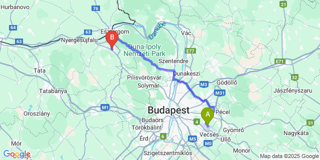Map: Budapest Airport (BUD), Ferihegy, Liszt Ferenc to Dorog
