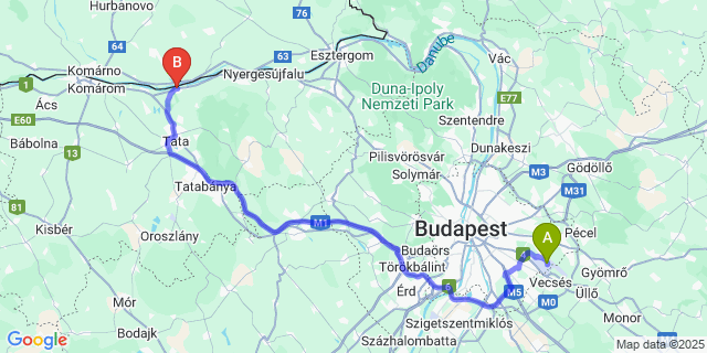 Map: Budapest Airport (BUD), Ferihegy, Liszt Ferenc to Dunaalmás