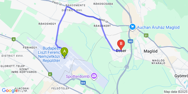 Map: Budapest Airport (BUD), Ferihegy, Liszt Ferenc to Ecser