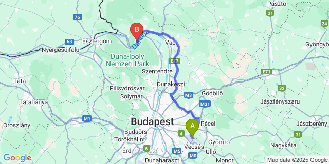 Map: Budapest Airport (BUD), Ferihegy, Liszt Ferenc to Edeske Aliz, Nagymaros
