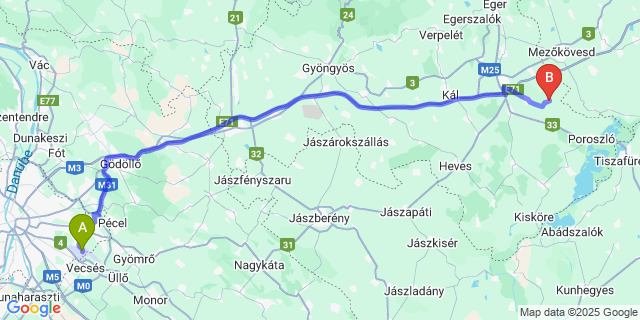 Map: Budapest Airport (BUD), Ferihegy, Liszt Ferenc to Egerfarmos