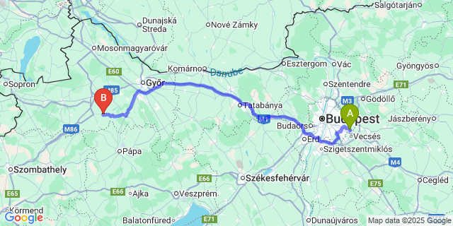 Map: Budapest Airport (BUD), Ferihegy, Liszt Ferenc to Egyed
