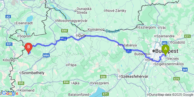 Map: Budapest Airport (BUD), Ferihegy, Liszt Ferenc to Egyházasfalu