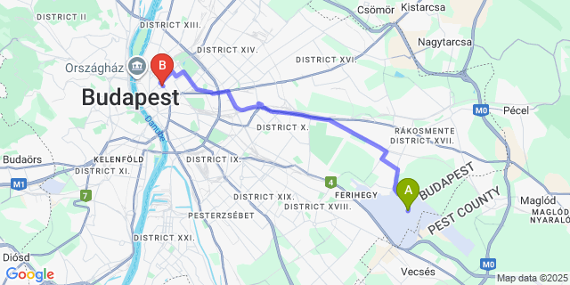 Map: Budapest Airport (BUD), Ferihegy, Liszt Ferenc to Eitan’s Guesthouse