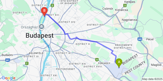 Map: Budapest Airport (BUD), Ferihegy, Liszt Ferenc to Ensana Grand Margaret Island