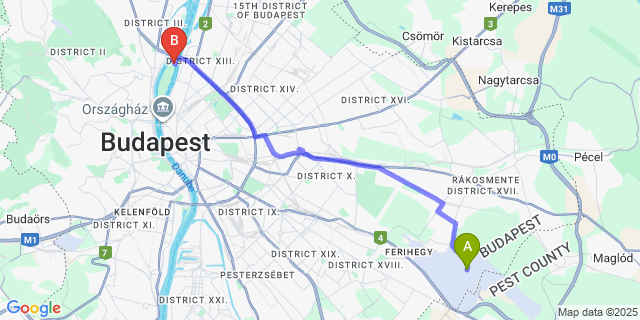 Map: Budapest Airport (BUD), Ferihegy, Liszt Ferenc to Ensana Thermal Margaret Island
