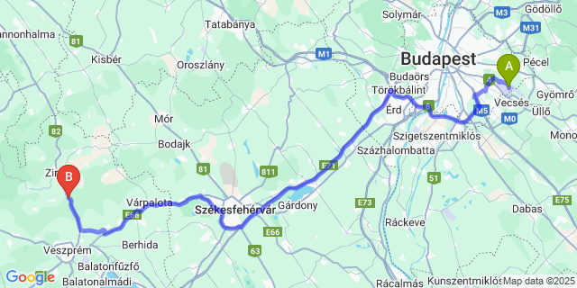 Map: Budapest Airport (BUD), Ferihegy, Liszt Ferenc to Eplény