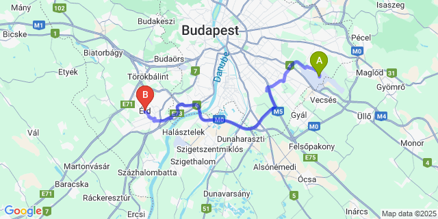 Map: Budapest Airport (BUD), Ferihegy, Liszt Ferenc to Erd