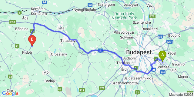 Map: Budapest Airport (BUD), Ferihegy, Liszt Ferenc to Ete