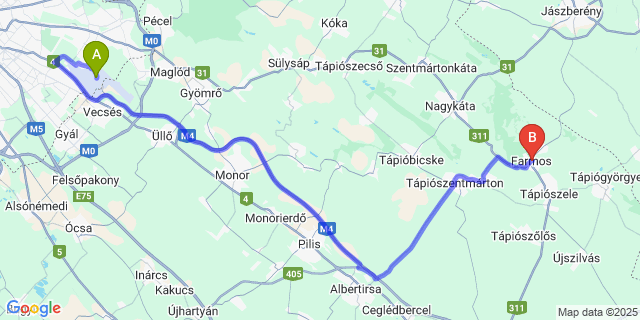 Map: Budapest Airport (BUD), Ferihegy, Liszt Ferenc to Farmos