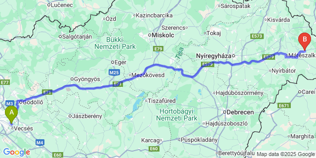 Map: Budapest Airport (BUD), Ferihegy, Liszt Ferenc to Fehérgyarmat