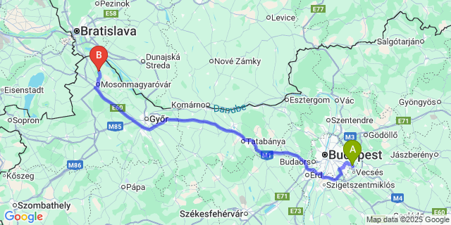 Map: Budapest Airport (BUD), Ferihegy, Liszt Ferenc to Feketeerdő
