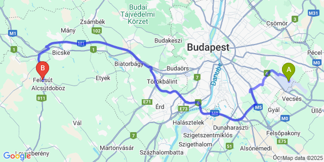 Map: Budapest Airport (BUD), Ferihegy, Liszt Ferenc to Felcsút