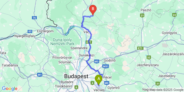 Map: Budapest Airport (BUD), Ferihegy, Liszt Ferenc to Felsőpetény