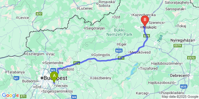 Map: Budapest Airport (BUD), Ferihegy, Liszt Ferenc to Felsőzsolca