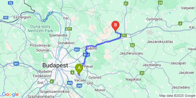 Map: Budapest Airport (BUD), Ferihegy, Liszt Ferenc to Fenyőharaszt