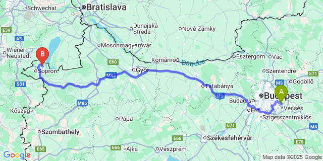 Map: Budapest Airport (BUD), Ferihegy, Liszt Ferenc to Fertőrákos