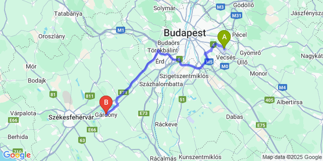 Map: Budapest Airport (BUD), Ferihegy, Liszt Ferenc to Gárdony