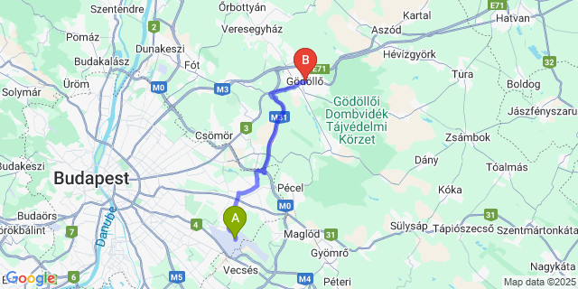 Map: Budapest Airport (BUD), Ferihegy, Liszt Ferenc to Gödöllő