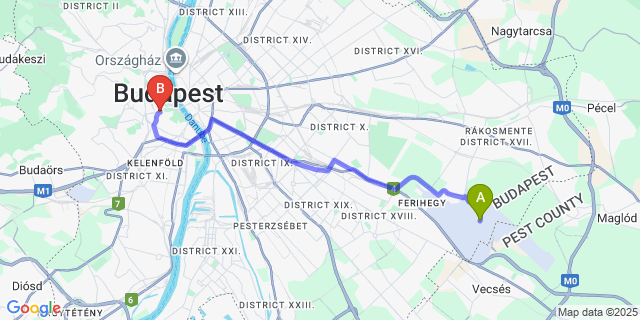 Map: Budapest Airport (BUD), Ferihegy, Liszt Ferenc to Gold Hotel Budapest