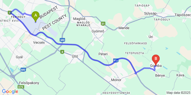 Map: Budapest Airport (BUD), Ferihegy, Liszt Ferenc to Gomba